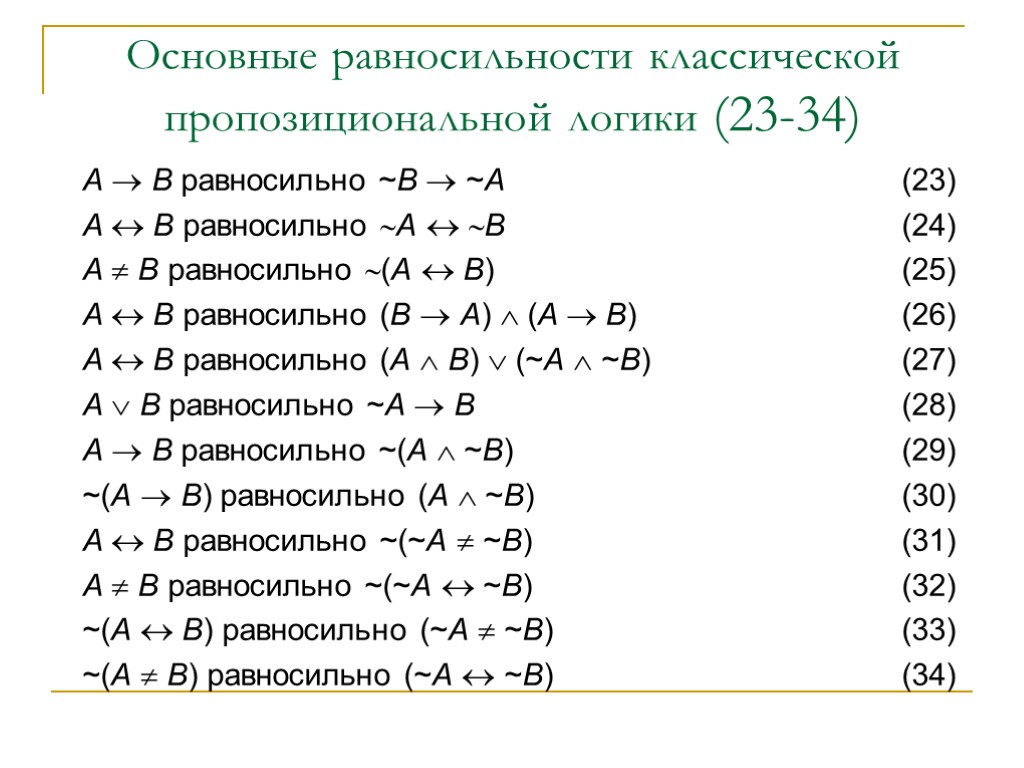 Основные равносильности классической пропозициональной логики (23-34) А  В равносильно ~В  ~А (23)